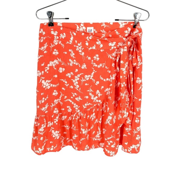 Gap Wrap Skirt Womens Size 8 Coral Orange Floral Flounce Hem Ruffle Edge - Picture 1 of 9